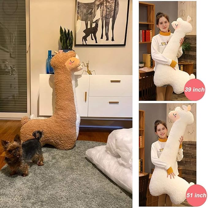 Hofun4U Llama Plush Pillow, 39 Inch Alpaca Plush Long Body Pillow, Alpaca Stuffed Animal, Christmas Holiday Birthday Gift (Brown)