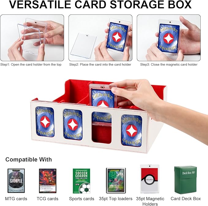 GEAoffice Trading Card Storage Box with Commander Display, 3200+ Card Deck Case with Magnetic Removable Lid, 4-Row Deck Box for MTG/TCG/Sports/Games, 10 Stoppers, 24 Dividers, 1 Dice Tray, White Red