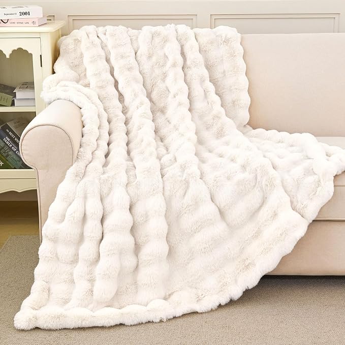 Faux Rabbit Fur Throw Blanket for Couch Gifts for Women 60"x80" Cream White | Cozy Reversible Fluffy Throw, Luxury Plush Thick Bubble Blanket, Mothers Gifts for Women, Soft Warm for Bed, Home Decor