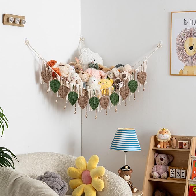 Pretty Jolly Macrame Stuffed Animal Hammock with Beads Hand Woven Leaf Tassels Corner Hanging Net Boho Plush Holder for Kid Room Nursery Decor Organizer for Girls Gift(AvocadoGreen & Milkcoffee)