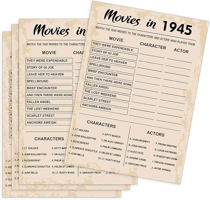 80th Birthday Party Games, Movies of 1945 Games, Birthday Party Supplies for Adults, Fun 1945s Party Game，Pack of 30 Cards