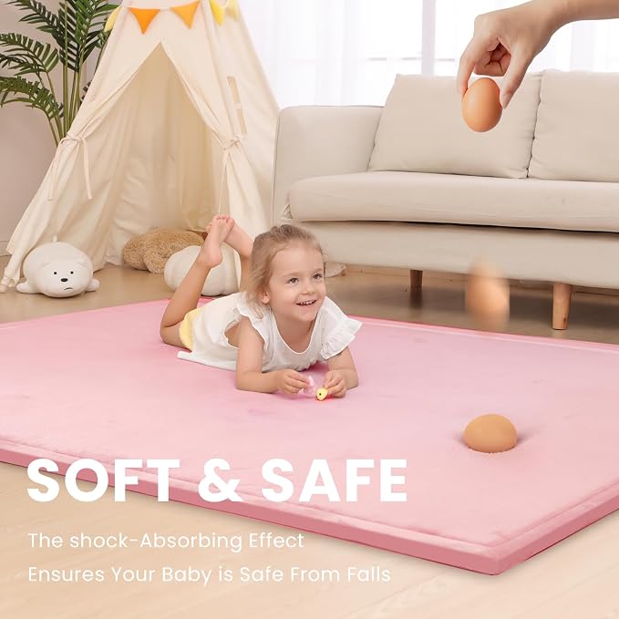 Baby Play Mat for Floor,1.3" Thick Memory Foam Tummy Time Mat,Soft Coral Velvet Nursery Rug,Extra Large Non Slip Crawling Mat for Toddlers,Infants,Kids,Yoga Mat,Tatami Mat for Living Room(Pink)