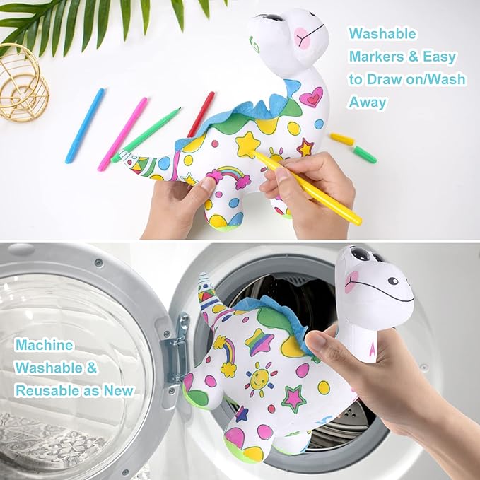 Coloring Plush Toy with 5 Washable Markers for Little Girls Doodle Dolls for Kids Ages 4-6 Birthday (Dinosaur)