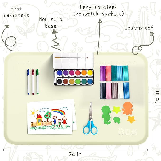 Silicone Art Mat for Crafts, 24" x 16" Painting Mat for Kids with Raised Sides to Stay Tidy, Paint Craft Mats for Clay, Resin, Slime, Jewelry-Making & Crafts Creation (White)