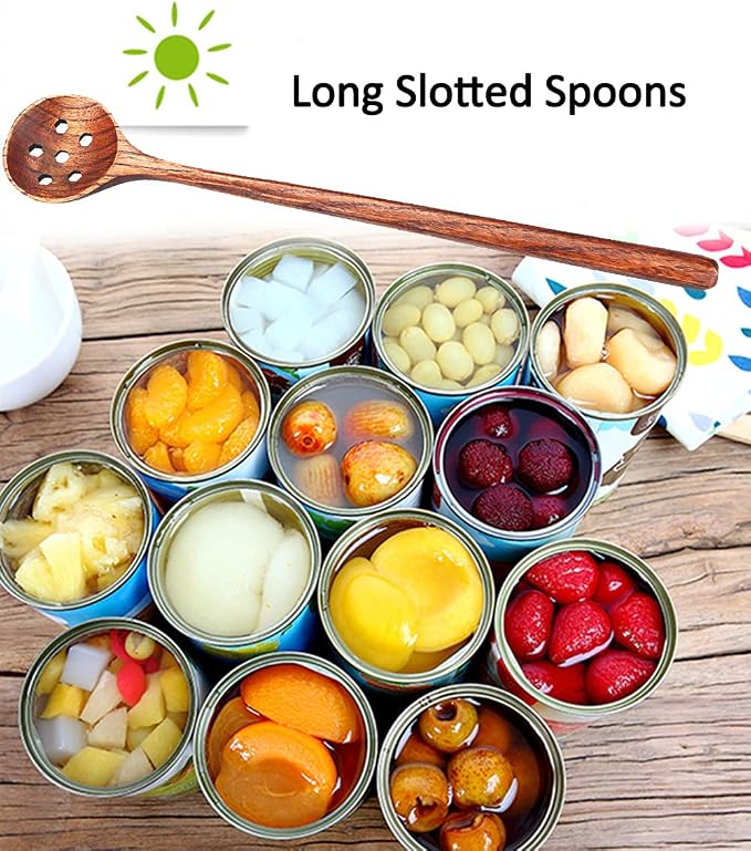 1 PC Korean Style 10.9" Long Handle Wooden Round Slotted Spoons for Jam Olive