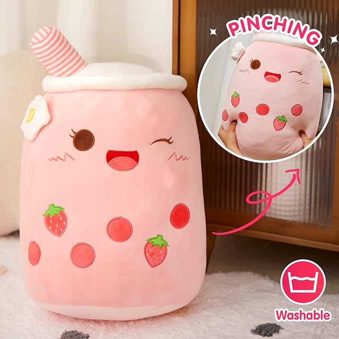 Athoinsu Pink Strawberry Boba Tea Plush Pillow 20'' Giant Kawaii Stuffed Bubble Animal Toy Birthday Christmas Holiday Valentines Gifts for Kids,Girls,Boys
