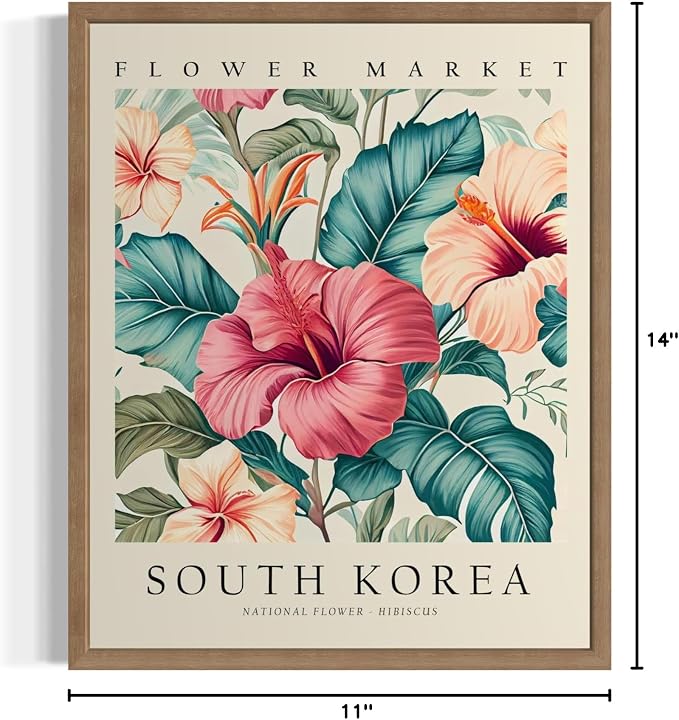 South Korea Flower Market Art Print Poster, Wall Art Floral Painting Botanical Decor for Bedroom, Kitchen, Bathroom Livingroom Decoration 82B (South Korea, 14"L x 11"W, Wood Frame)