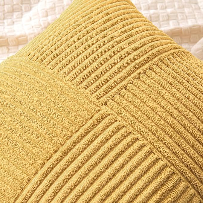 MIULEE Golden Mustard Decorative Throw Pillow Covers for Couch 20x20 Inch | 2 Pack, Boho Farmhouse Pillow Covers, Soft Cross Corduroy Patchwork Textured Cushion Cases For Bed Sofa