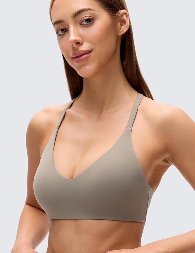 CRZ YOGA Butterluxe Low Coverage V Neck Sports Bras for Women - Spaghetti Straps Racerback Padded Yoga Top