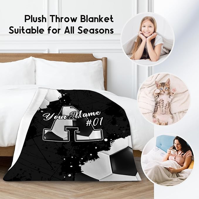 Custom Soccer Blanket - Personalized Initial Name Gifts for Boys Girls - Cozy Plush Sports Fleece Throw - 40x50 Inches Small Blankets for Kids - Cool Ideas Decor for Soccer Lovers