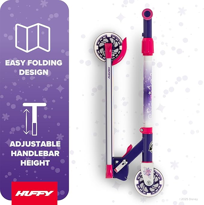 Huffy Disney and Marvel Light Up Kids' Inline Scooters, Multiple Color Options, LED Lights, Ages 5+ Years Old, Adjustable Handlebar, Durable Steel Frame, Foldable, Girls/Boys, 2-Wheels