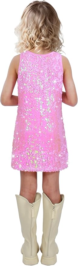 Girls Sequin Dress Sparkly Sleeveless Costume Prom Concert Party Outfit with Glitter Microphone Prop