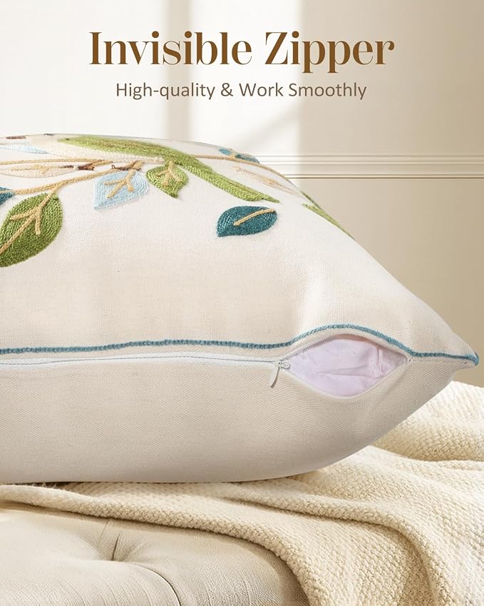 Animal Embroidered Throw Pillow Cover 18x18 Inch, Floral Birds | Decorative Pillow Cover, Cottagecore Cushion Cases with Hidden Zipper, Farmhouse Decor for Couch, Sofa, Living Room
