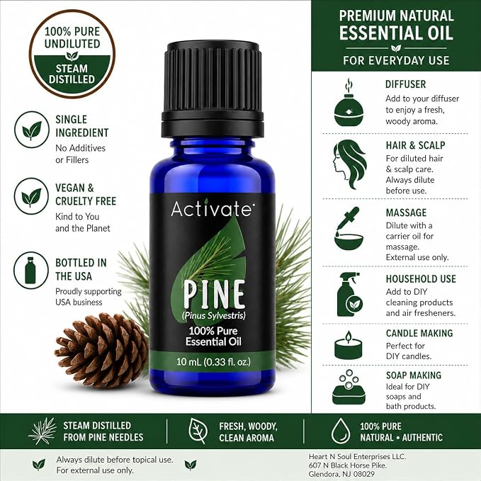 Activate Pine Essential Oil, 100% Pure & Undiluted, Steam Distilled Pine Needle Oil (Pinus Sylvestris), Aromatherapy Diffuser Oil, Massage, Hair & Scalp Care, DIY Soap & Candle Making, 10mL