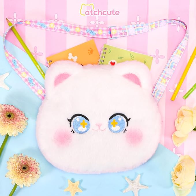 Plush Cat Bag Kids Handbag Crossbody Bag with Zipper and Adjustable Strap,Soft Plush Kitty Stuffed Purse Birthday Gift for Toddlers Kids