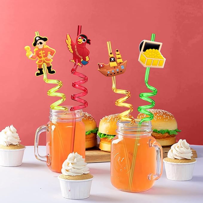 24 Pirate Party Favors Reusable Plastic Straws for Pirate Themed Birthday Party Supplies Decorations with 2 Cleaning Brushes