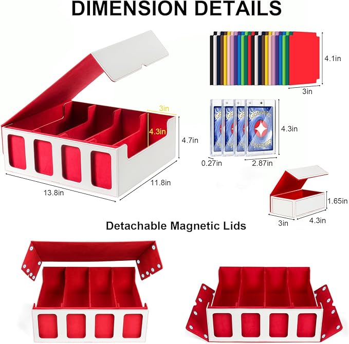 GEAoffice Trading Card Storage Box with Commander Display, 3200+ Card Deck Case with Magnetic Removable Lid, 4-Row Deck Box for MTG/TCG/Sports/Games, 10 Stoppers, 24 Dividers, 1 Dice Tray, White Red