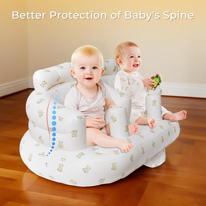 EKEPE Baby Inflatable Seat for Twins Babies 3 Month and Up, Side-by-Side Double Inflatable Floor Chair for Sitting Up with Built in Air Pump, Blow Up Baby Chair for Infants - Twins Bear