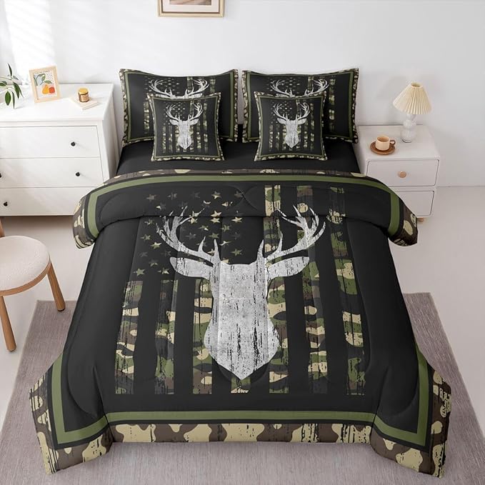 Feelyou Deer Hunting Camo Comforter Set Twin Size 7 Pieces Green Camouflage Camo Bedding Set American Flag Bed in a Bag with Comforter, Sheets, Pillowcases, Cushion Covers Wild Animal Bedroom Decor