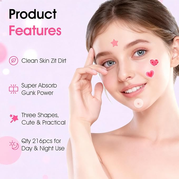 AUSLKA Star-Heart Pimple Patches for Face, Cute Zit Patches for Trip, Holiday, Dates Makeup, Mixed Shapes Zit Stickers with Salicylic Acid 216 Pcs