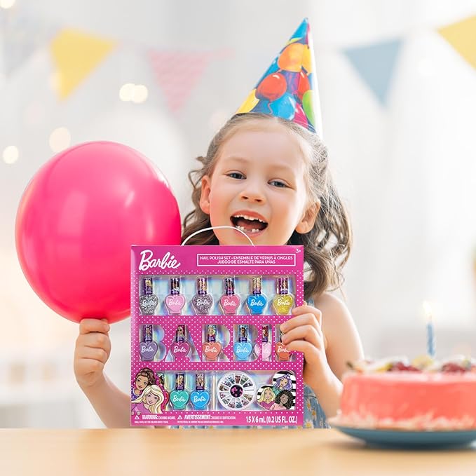 Barbie Movie 18 Piece Set Kids Water-Based Nail Polish Set, Includes Nail Polish, Nail Gems, Nail File for Age 3+, Parties Birthday by Townley Girl