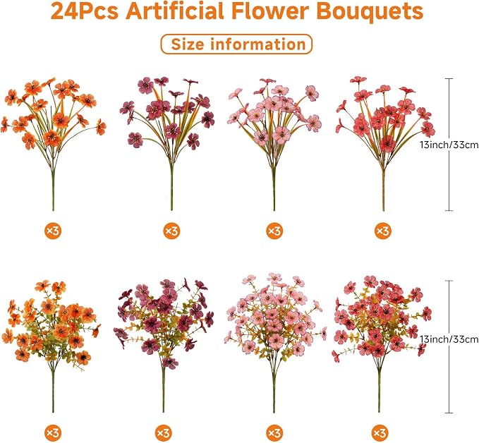 Alupssuc 24 Bundles Artificial Fall Flowers, UV Resistant Faux Mums Porch | Silk & Plastic, 13 Inch Tall, for Indoor Outdoor Planters Yard Patio Window Box, Autumn Outside Realistic Fake Decoration