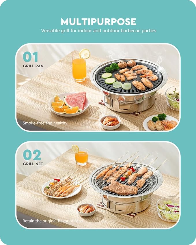 Baffect Korean Charcoal Grill For Indoor BBQ Cooking & Outdoor Camping | Include Portable Grill Body, Non-Stick Barbecue Grill Pan, Grill Net, Charcoal Holder, Charcoal Ash Bowl, Hot-Prevent Handle