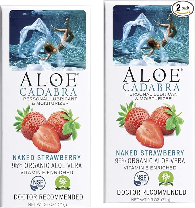 Aloe Cadabra Flavored Personal Lubricant & Vaginal Moisturizer, NSF Certified Organic Edible Aloe Lube for Men, Women & Couples, Non-Staining, pH Balanced, Toy Compatible (Strawberry, 2.5oz, 2 Pack)