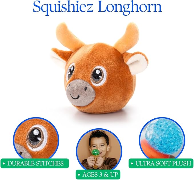 The Petting Zoo Longhorn Stuffed Animal Plushie, Gifts for Kids, Squishiez Wildlife Animal Squeeze Toy, Longhorn Plush Toy, 3 inches