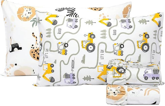 Salt Earth 100% Cotton 210TC Kids Bedsheet, Twin Sheet Set, Toddler Bed, 4-Piece Set – 2 Fitted Sheets & 2 Pillowcases, Themed Toddler Bed Sheets, Cute Kids Bedding (Jungle Safari/Tractor)