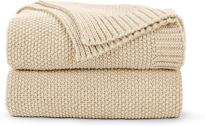 CozeCube Light Beige Seed Stitch Throw Blanket 60"x80", Farmhouse Decor | Blanket for Couch, Soft Cozy Cable Knit Throw for Bed Sofa Living Room, Lightweight Warm Decorative Christmas Blanket