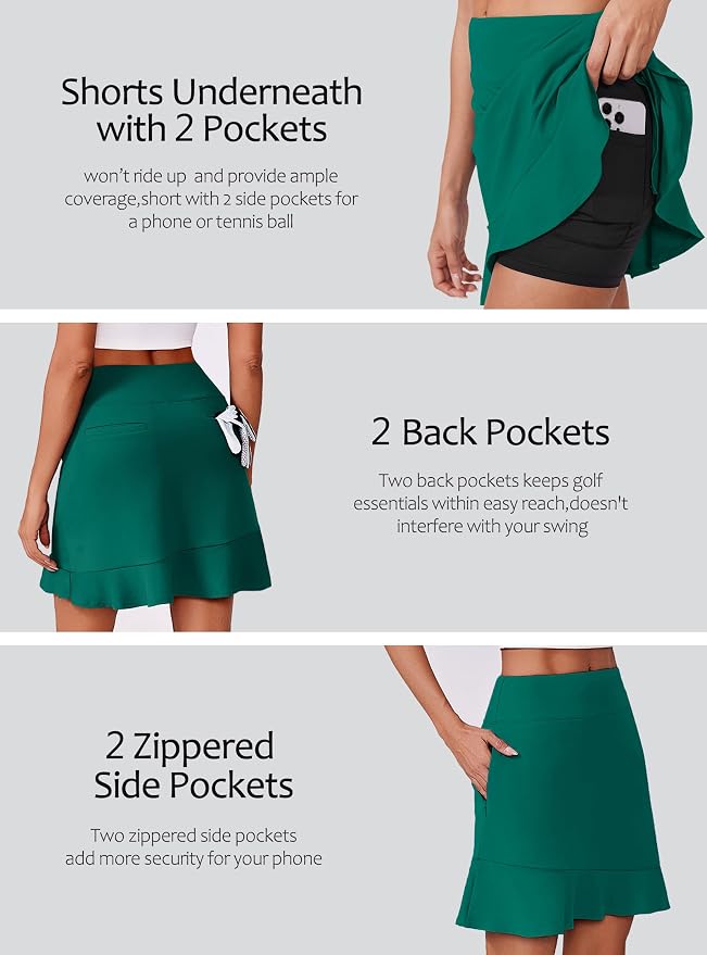 PINSPARK 18" Golf Skorts for Women with 6 Pockets Ruffle Athletic Skort | Above the Knee,High Waist,UPF 50+,4-way Stretch,Lightweight,Ruffle Hem,Tennis,Casual,Work,Pickleball