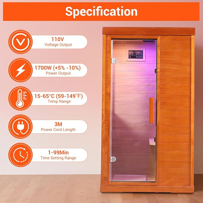 Bowear Far Infrared Sauna for 1-2 Person, 110V 1120W Indoor Home Sauna with Bluetooth Audio, 7 Colors Light Therapy, Reading Lamp, Time & Temperature Adjustable, Oguman Wood Dry Sauna