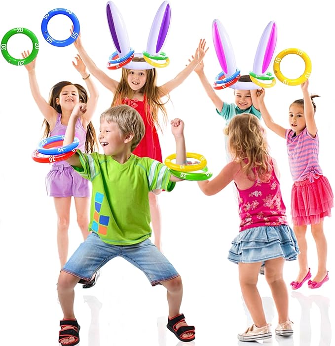 3 Pack Inflatable Easter Bunny Ring Toss Game with Score Ring - Easter Basket Essential for Kids Indoor Outdoor Rabbit Ears Toss Toy, Family Party Games School Carnival Activities(3 Set & 12 Rings)
