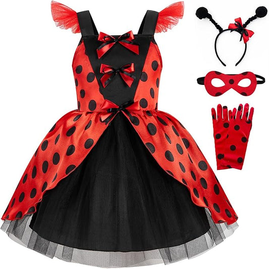 TYHTYM Ladybug Costume for Girls Black Polka Dots Red Ladybird Dress Up Pretend Play Cosplay Halloween Birthday
