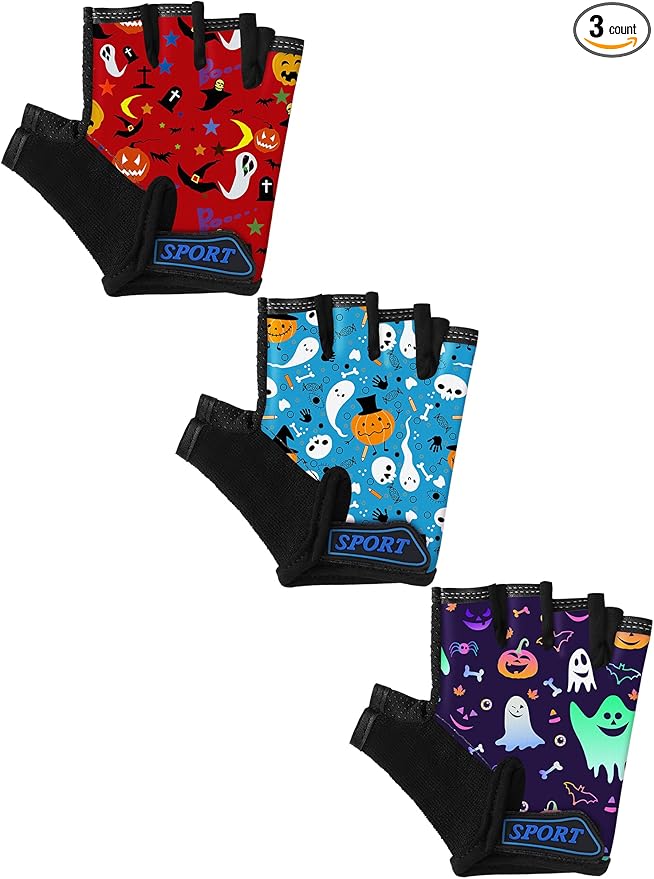 Boao 3 Pairs Kids Half Finger Bike Gloves Non-Slip Breathable Adjustable Birthday Gift for Boys Girls for Bike Workout