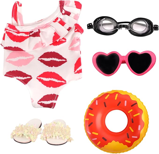 18 Inch Doll Clothes & Accessories Bundle-5 Pcs Summer Beach Playset with Swimsuit,Sandals,Goggles,Sunglasses & Swimming Ring for 18 Dolls