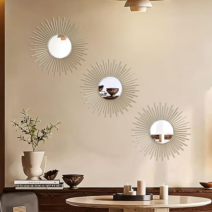 3 Pack Metal Mirrors for Wall Sunburst Wall Mirrors Home Décor Decorative Hanging Wall Art for Living Room Bedroom Entryway (Silver2, Sunburst)