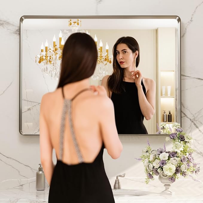 LOAAO 40X30 Inch Brushed Nickel Bathroom Mirror | Rounded Rectangle, Silver Metal Frame, Anti-Rust, Tempered Glass, Hangs Horizontally or Vertically