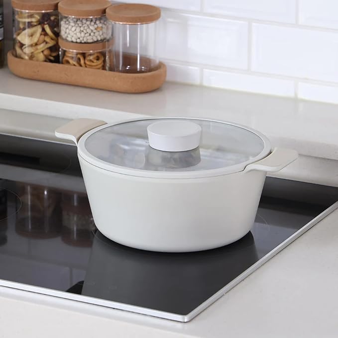 NEOFLAM Vulcan Ivory Double Handle Stockpot with Glass Lid, 4Qt (9.5") Cast Aluminum, Lightweight Ceramic Nonstick Pot, PFAS PFOA Free, Dishwasher Safe, Induction Ready, Made in Korea
