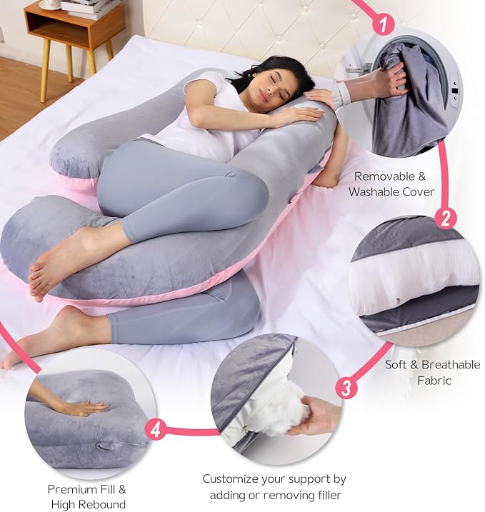Pregnancy Pillow for Sleeping, Soft 57“ Full Body Maternity Pillow, U Shaped with Removable Washable Cover, Support for Back, Belly, Leg, Hip, Neck & Shoulder (Pink & Grey)