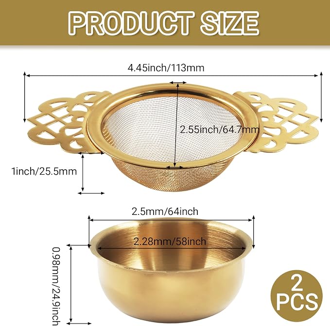 2 Pack Tea Strainer Bowl,Stainless Steel Small Tea Strainers Fine Mesh Loose Tea Infusers,Ideal Tea Filter for 2.5-4 Inch Cup Mouth/Tea Lovers(Gold)
