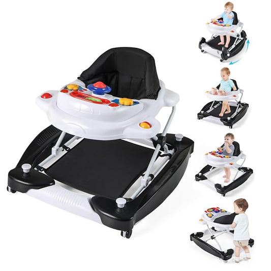 BABY JOY 6-in-1 Baby Walker, Foldable Baby Walker with Wheels, Adjustable Height, Music, Lights, Bouncer & Rocker Mode, Baby Walkers for Boys Girls 6-14 Months (Black)