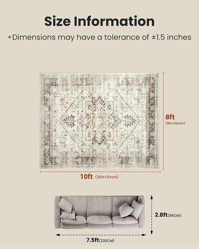 AMADA HOMEFURNISHING Washable Area Rug, Low-Profile Large Area Rug with Non-Slip Backing & Durable Edge Binding, Vintage Large Rugs for Living Room, Bedroom, Dinning Room, 8x10, Grey/Beige