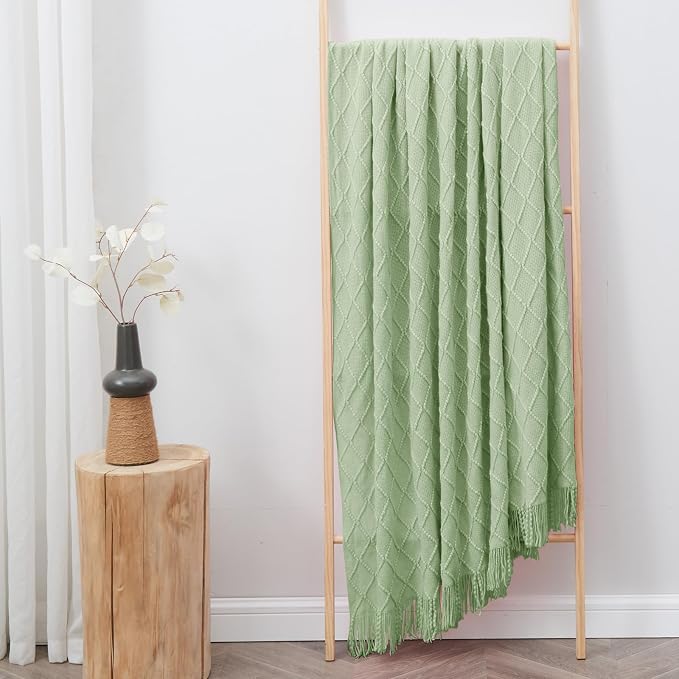 inhand Basil Green Knitted Throw Blanket for Couch and Bed, 50"x60" | Throws for Her or Him, Soft Farmhouse Woven Blanket, Tassel, Lightweight Decorative, Cozy Knit, Warm Living Room Home Decor