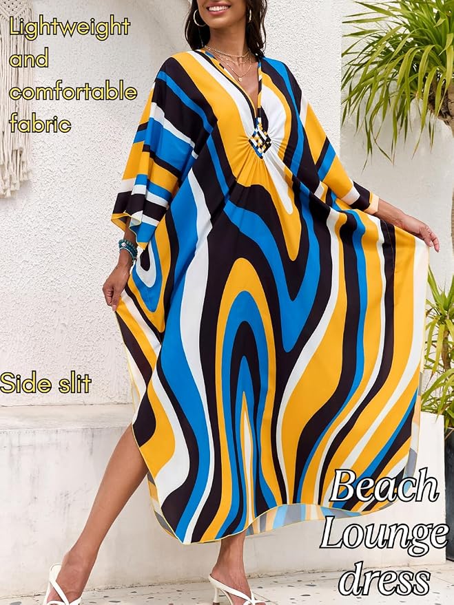 ChiaoLezhee Print Moo-Moos for Women, Kaftan Cover-Up Dresses, Sexy V-Neck High-Slit, Beach Pool-Party Coverups Muumuu Plus