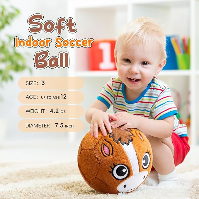 Silent Indoor Soccer Balls for Toddlers, Inflatable Soft Plush Baby Toddler Soccer Ball Toys Gifts for 0+Year Old Boy Girl First Birthday Gift (Pony, Pump Include)