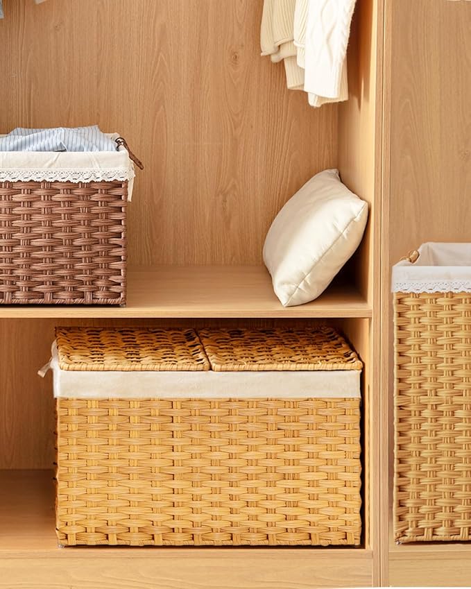 SETVSON Storage Basket with Lid, 2-Lid PE Rattan Storage Bin, Natural | 160L Storage Bin with 2 Separate Lids, 2 Removable Liners for Clothes & Blankets, Sturdy Metal Frame, PE Rattan