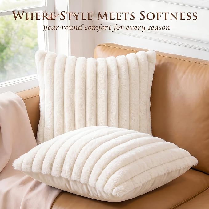Pack of 2 Throw Pillow Covers 20x12 Decorative Solid Plush Faux Fur with Soft Velvet Back, Square Striped Cushion Cases Modern Farmhouse Home Decor for Living Room Couch Sofa Bed Cream White