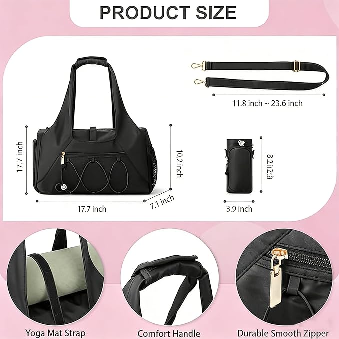 Gym Bag for Women, Yoga Mat Bag with Shoe Compartment and Wet Pocket, Sport Yoga Gym Bag with Yoga Strap, Carryall Yoga Tote Bag